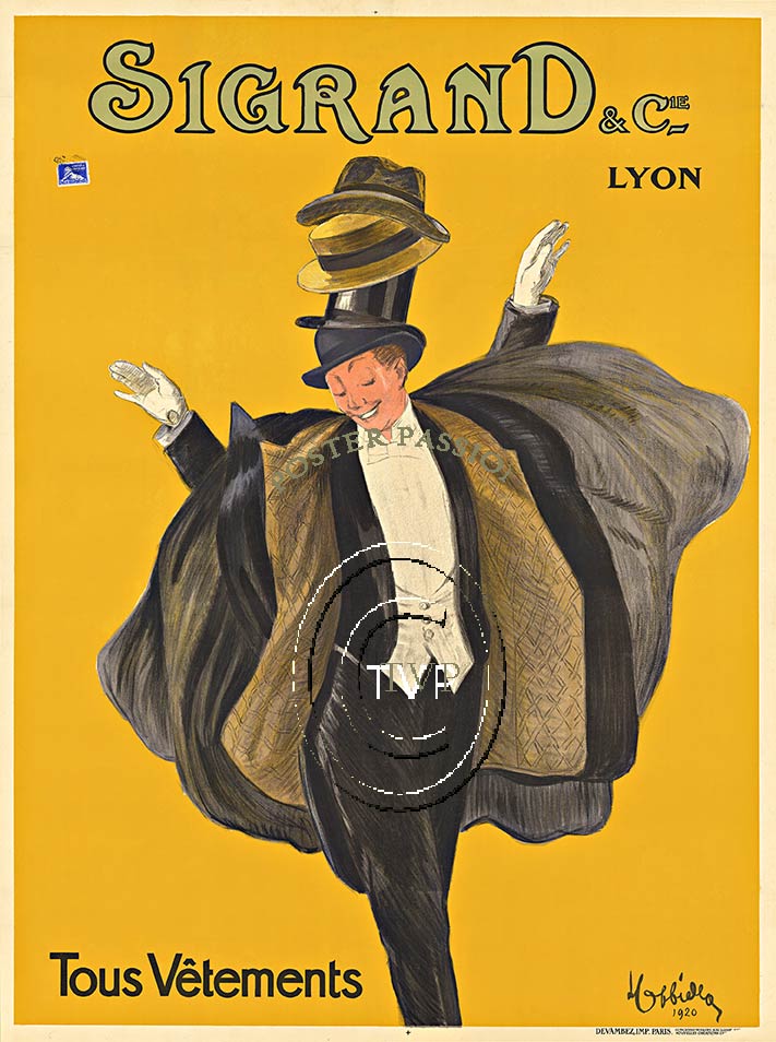 Recreation of one of Cappiello's extremely rare men's fashion design poster: SIGRAND & Cie, Tous Vetements, Lyon(France). Sigrand was located in both the city of Lyon and Paris, France. <br>This design has a man wearing various styles of hats and seve