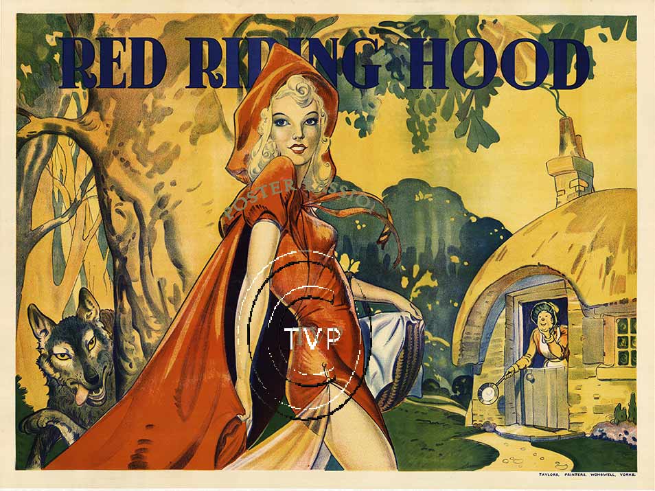 Recreation of the Red Riding Hood sexy nursery rhyme vintage poster. There is a good chance that this blond haired Red Riding Hood may get eaten by the wolf hiding behind the tree; or hit over the head by grandma holding a skillet as she stands in the d