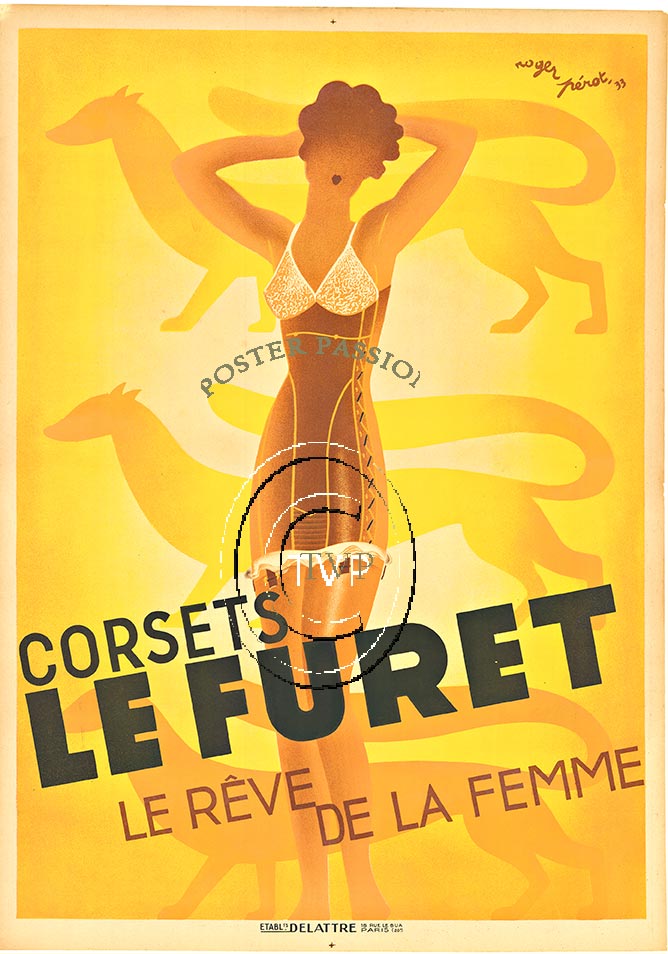 Recreation of the 1933 vintage poster: Corset Le Furet. A woman is playfully posing in her corset over silhouettes of ferrets, the company's symbol but also notoriously slinky creatures. "The Woman's Dream." Art decor Lingerie. <br>Mastered dir