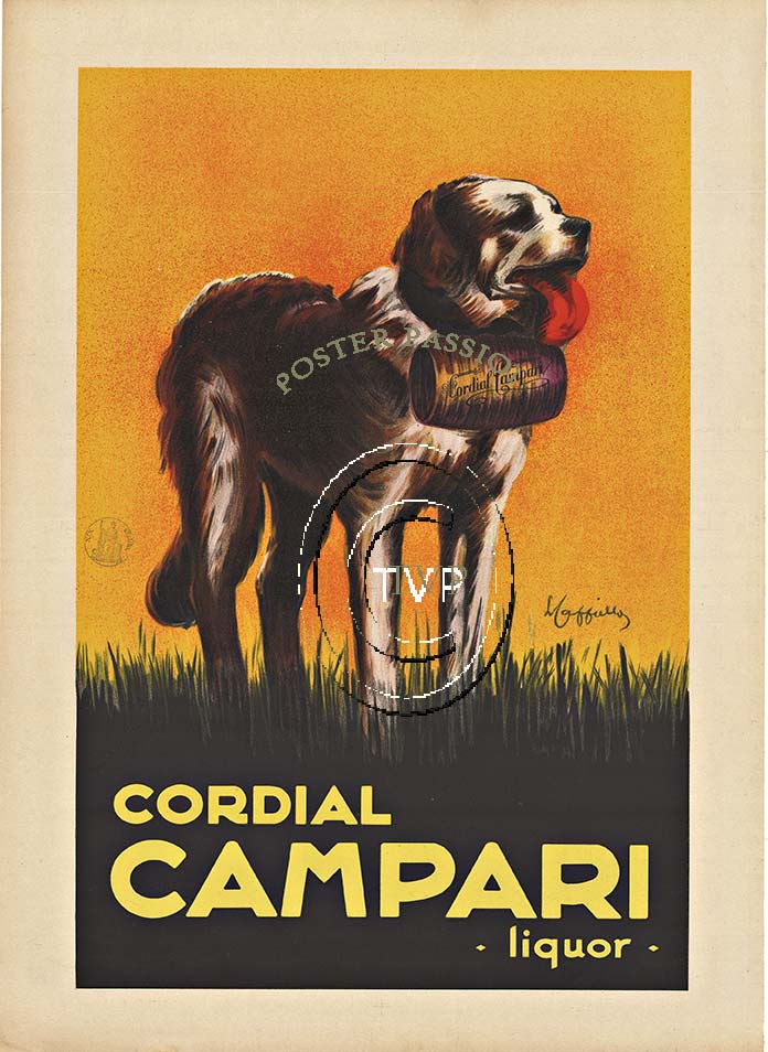 Recreation of Cappiello's Cordial Campari liquor that features a Saint Bernard. An Italian liquor company with a Swiss style design. <br>Mastered directly from a 1 to 1 file of an original stone lithograph this recreation provides you with all the 