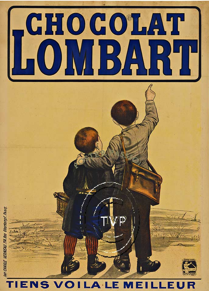 . This turn of the century image features a boy pointing to the Chocolat Lombart name as the type of chocolate he prefers. <br>Mastered directly from a 1 to 1 file of an original stone lithograph this recreation provides you with all the fine details t