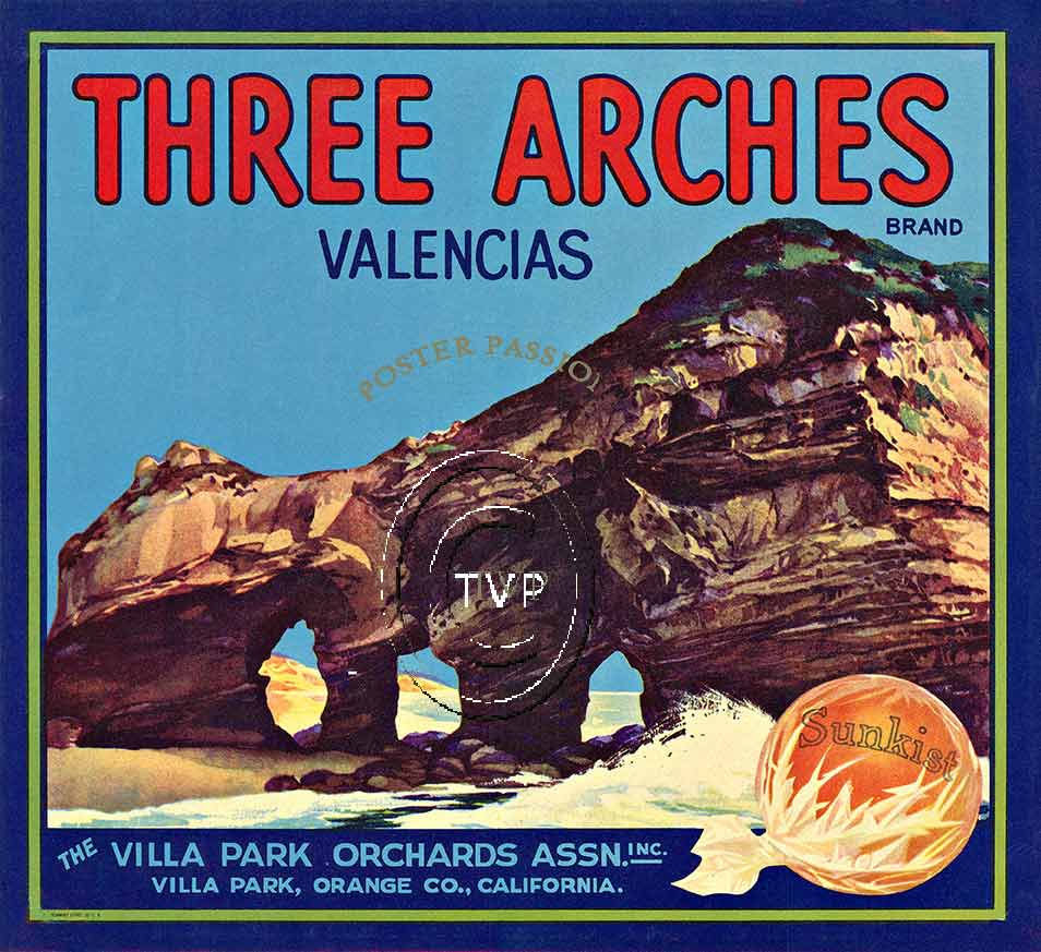 Three Arches Valencias is the only fruit box label that features an image of Laguna Beach even though the company was located in Villa Park, Califonria. This famous rock formation is at Three Arch Bay in South Laguna Beach and can be accessed by boat or
