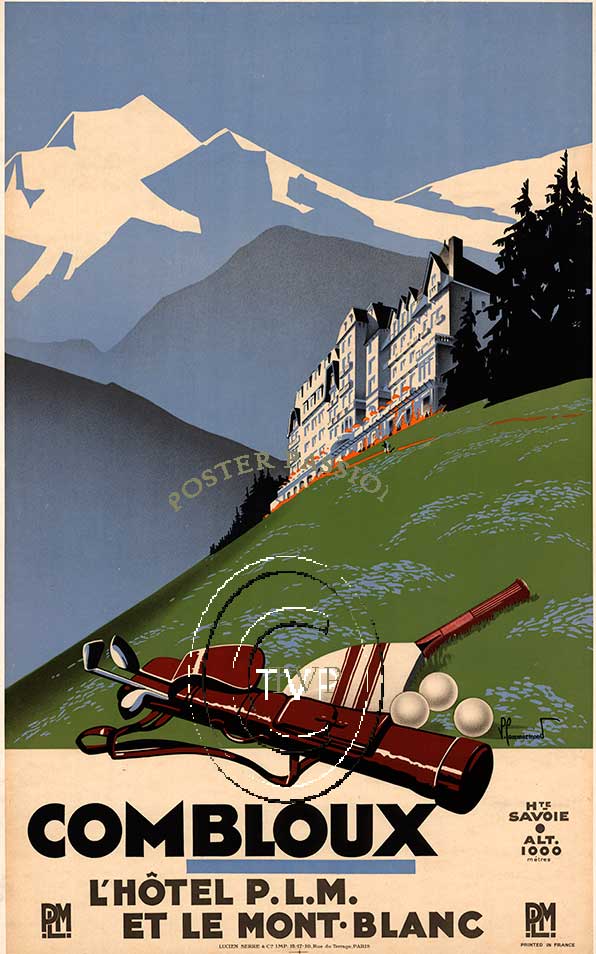 Combloux Golfing Mt. Blanc. Giclee reproduction of this famous golfing poster from Mont Blanc Switzerland. The resort features golf; tennis; skiing; and luxury vacation at the hotel. <br>Mastered directly from a 1 to 1 file of an original stone lithogr
