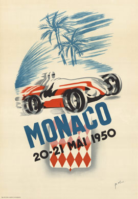 Archivally linen backed. Monaco 20-21 Mai 1950 lithograph. Reiussed by the Monaco Racing Club. <br>Shows one red race cars showing the speed with the view of the palm trees behind the image.