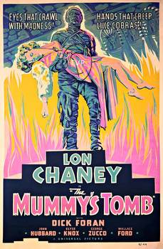 Lon Chaney in this rare Mummy's Tomb poster.   Your chance to own a copy of this very rare and outstanding bright image.   Printed on museum quality smooth acid free  230-250 gm acid-free paper and archival inks to guarantee long life.<br>The watermark i