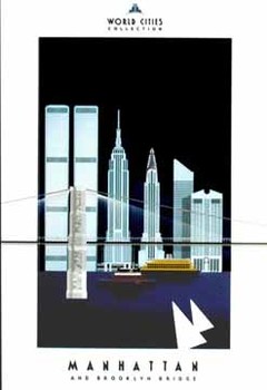 ORIGINAL Manhattan travel poster printed in 1999 by artist CARLO TRAVERSI. The poster is on white glossy paper, and in great condition. One of the last images we have where the Twin Towers were still in the Manhattan skyline.