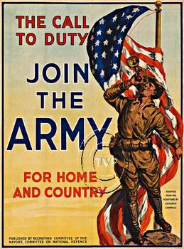 Recreation poster of The Call to Duty. JOIN THE ARMY; For Home and Country. Mastered directly from a 1 to 1 antique original lithograph. <br>Printed on acid free 230-250 gm acid-free acid-free paper with 100+ year archival ink. Optional additional