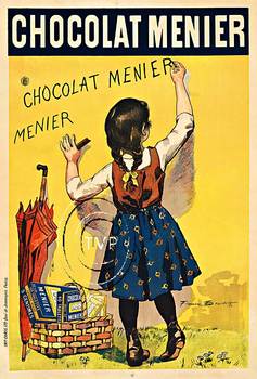 Chocolat Menier. Mastered directly from o <br>one to one original stone lithograph of the 1893 Chocolat Menier. The school girl writes on the wall in what could be a piece of chocolate the name of her favorite brand. <br> <br>Mastered directly fro