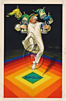 Recreation of Jean d'Ylen's Ripolin paint poster.   This painter who is step toeing across a floor of various paint colors all the time holding a variety of colorful paint cans shows the imagination of d'Ylen's works.<br>Mastered directly from a 1 to 1 f