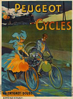 Peugeot Cycles. Beautiful bicycle poster with an Belle Époque theme. The two rides are illuminated with globes on the bicycles as it appears that they are racing the train in the background. <br>Mastered directly from a 1 to 1 file of an original st
