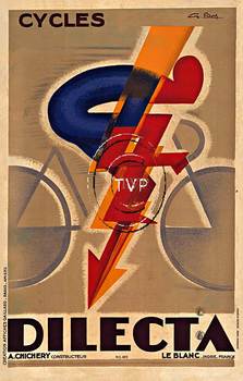 Cycles Dilecta.  A great stylized deco designed bicycle racing poster promoting Dilecta cycles.   The speed and power of the cyclist is shown with legs as the bolts of lightening.  <br>Mastered directly from a 1 to 1 file of an original stone lithograph 
