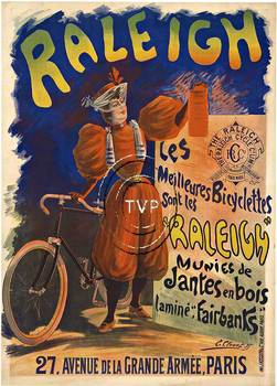 Raleigh Bicycles Cycles.  A rare turn of the century Raleigh bicycle poster.   The reproduction captures the stone lithographic marks of the original rare vintage poster.   Vibrant.   Created from a grade A original; you will receive only the best. <br>M