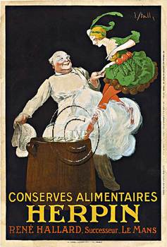 Herpin Conserves Alimentaires. This is a terrific advertisement for making some great soup, done by the incredible I Stall. A happy chef smiles with glee as he helps a lady into a pot of boiling water! But not to worry she is in fact a personification o