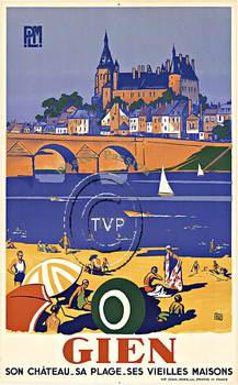 Gien, a recreation of a great beach and water style travel poster. Shows the boaters and beach goers along the river in Gien. The Gothic building rise over the old stone city bridge. <br>Mastered directly from a 1 to 1 file of an original stone lithog