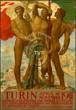 Turin April - November 1911. A celebration of the 50th year Jubie of the proclomation of the King of Italy. The text is written in German. These three nude satues of men as supported on a pedistal holding olive branches, winged victory, and the col