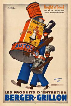 Berger - Grillon les produits d'entretien.   Mastered recreation directly from the authentic original stone lithograph.    These two men are carrying cans and tins of car polish and other cleaning supplies   One is wearing a fancy top hat while the other 