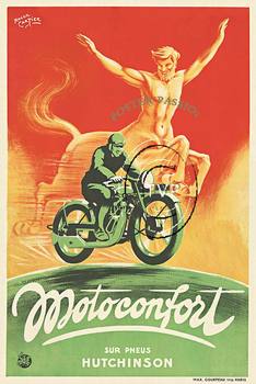 Recreation of the motorycle poster Motoconfort Sur Pneus Hutchinson. This great image features a centaur running behind the man on the Motoconfort motorcycle. Primary colors are green, orange and black. Motoconfort was an offshoot of Motobécane mot