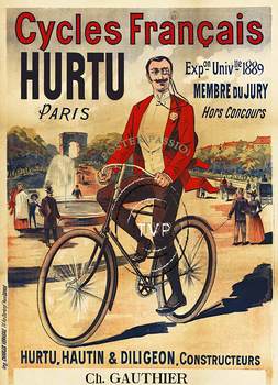 Recreation of a turn of the century bicycle poster Cycles Francais Hurtu. A dapper man riding his bicycle in a city square as his new means of faster transportation. Turn of the century French bicycle art prior to the introduction of the autombile. <br