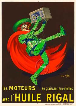 A masterpiece reproduction of an extremely rare Jean D'Ylen poster from 1926.    Les moteurs avec l'Huile Rigal features a mechanical robat made up of gears and a tire for a head drinking a can of motor oil.    Bright and vibrant image. <br>Mastered dire