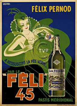 Felix Pernod Patis Meridional - the Green Fairy.    A rare image of representing the green fairly associated with Absinthe.   A French Pastis liquor poster.<br>Mastered directly from a 1 to 1 file of an original stone lithograph this recreation provides 