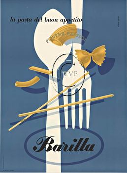 Barilla ... 'la pasta del buon appetito'. The Italian pasta for a good appetite. The image that features a simple fork and spoon and various types of pasta shells. Great kitchen image. <br>Mastered directly from a 1 to 1 file of an original stone