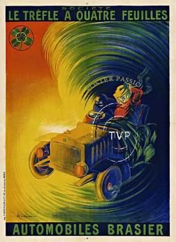 Automobiles Brasier  "Le Trefle a Quatre Feuilles"  turn of the century car poster created by Cappiello.   This couple are driving through a storm with a whirl wind following behind them; or perhaps it indicates the speed that this car can travel leaving 