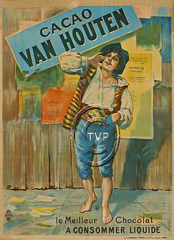 Cacao VAN HOUTEN. A chocolate lovers poster recreated from the turn of the century original stone lithograph. A colorfully dressed pauper stands infront of a wooden fence. Behind him are numerous posters and ads, but none show up quite as clearly as th