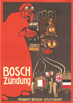 Bosch Zundung.   Robert Bosch - Stuttgart Mephisto dates back to 1911.    The image of Mephisto was based on the Belgian racing driver Camille Jenatzy, who won many of the races in an early Mercedes.    He was known for driving a red duster.    This litho