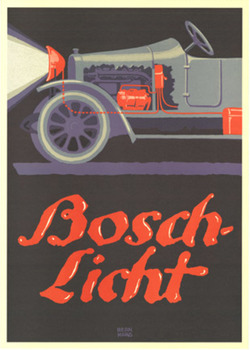 The Bosch Licht (lights) was created in 1913 by the Swabian artist Lucian Bernhard. This first poster was followed by a number of other product posters. Apart from the formal quality, matt-violet shades give the poster a strangely subdued color effect