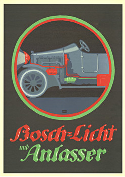 The Bosch starter came onto the market in 1914. This image supplemented the Bosch lights poster with this notif. Bernhard placed the starter system in green under the lighting system shown in red. The red-green circle relates to the circuits. The 