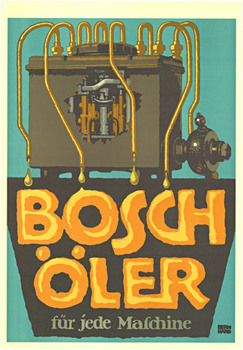 The Bosch oiler does the job of lubricating machines of all types and also used on locomotives. It came onto the market in 1910, but this poster was created around 1914. This poster is more 3-D compared to Bernhard's earlier works. 9 color lithogra
