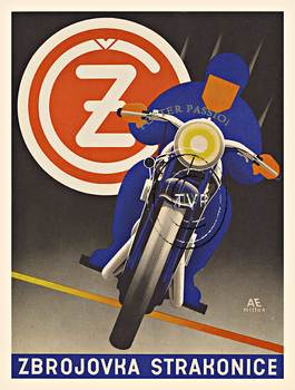 Recreation of the circa 1930's motorcycle Zbrojovka Strakonice. Deco motorcyle poster mastered directly from the original rare original. <br>Mastered directly from a 1 to 1 file of an original stone lithograph this recreation provides you with all