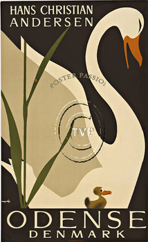 Recreation mastered from the original antique poster of Hans Christian Andersen, ODENSE, Denmark. This poster features a Swann and her baby; reeds with a small ladybug; all resting on a black background. Very classic travel poster design. <br>Mast