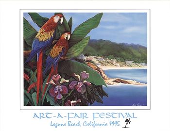 Parrots and orchids grace the foreground of a beautiful horizontal Laguna Beach seascape. Original poster by Kelly Parka for the Art-A-Fair Festival 1995. This image is sold out everywhere else on the market.