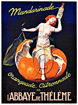 Recreation of a rare original French liquor poster Mandarinade Orangeade, Citronnade; l'Abbaye de Theleme stonelithograph created in 1923. A woman is born out of a mandarine holding a bottle of this citrus liquor. Beautiful kitchen image. <br>Master