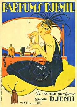 Recreation mastered directly from an original art deco PARFUMS DJEMIL stone lithograph. This art deco image of a woman preparing for an evening out at her dressing table, A 'flapper' evening dress as she rests on an oversize pillow placing a drop of 