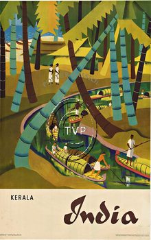 Travel poster to the tropical paradise area of southern India.   This great recreation done one to one to the antique original features the large feathered palm trees, the boats that are moving along the water ways.<br>Kerala, one of the top ten internat