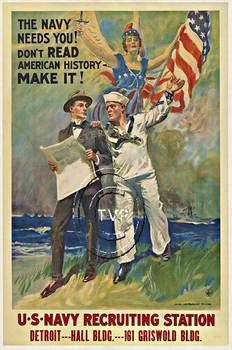 Recreation directly mastered from the original WW1 lithograph: THE NAVY NEEDS YOU DON'T READY AMERICAN HISTORY MAKE IT! U.S. NAVY RECRUITNG STATION. <br>Mastered directly from a 1 to 1 file of an original stone lithograph this recreation provides you 