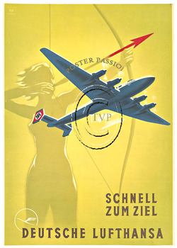 Recreation from the c. 1939  DEUTSCHE LUFTHANSA, SCHNELL ZUM ZEIL original rare, pre World War II travel poster.<br>This art deco design features a woman with a bow and red-tipped arrow preparing to shoot in the sky to represent the speed of traveling wi