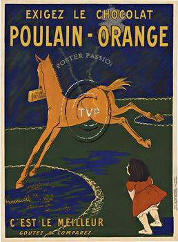 Cappiello's Poulain - Orange chocolate, first edition style. This great antique poster design features a orange colored horse running away with a Poulian Orange chocolate bar. This little girl in the forefront seems to be wanting the host to bring 