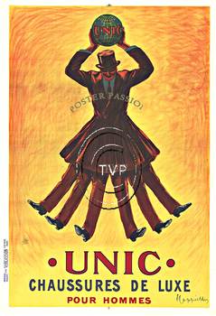 UNIC Caussures DeLuxe. Recreation of Cappiello's UNIC Chaussures De Luxe shoe poster. This man with 6 legs is almost dancing in this image while holding the world globe emblassed with the company name UNIC above his head. <br>This reproduction is maste