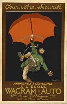 Recreation mastered directly from a rare original stone lithograph of Cappiello's WAGRAM AUTO. The image features a man almost floating in air holding a red umbrella knowing that he is safe and secure at the automobile school. <br>Mastered directly f