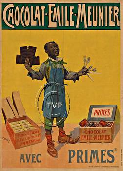 Recreation of a turn of the century chocolate poster "Chocolat - Emile - Meunier" avec Primes. Selling his chocolate bars on the street directly from the wooden boxes. The prize or award for buying this brand of choclate is a set of silverware that h